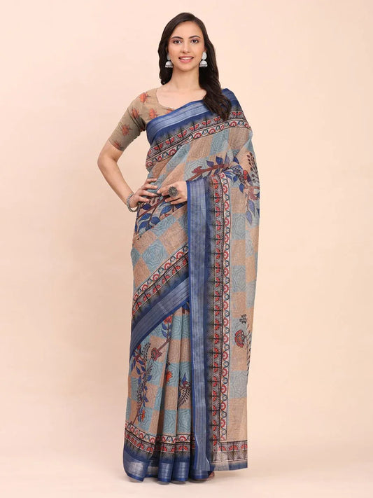 Cream SANSKRIT PRINTS Linen Cotton Saree with Blouse Piece - EZBER