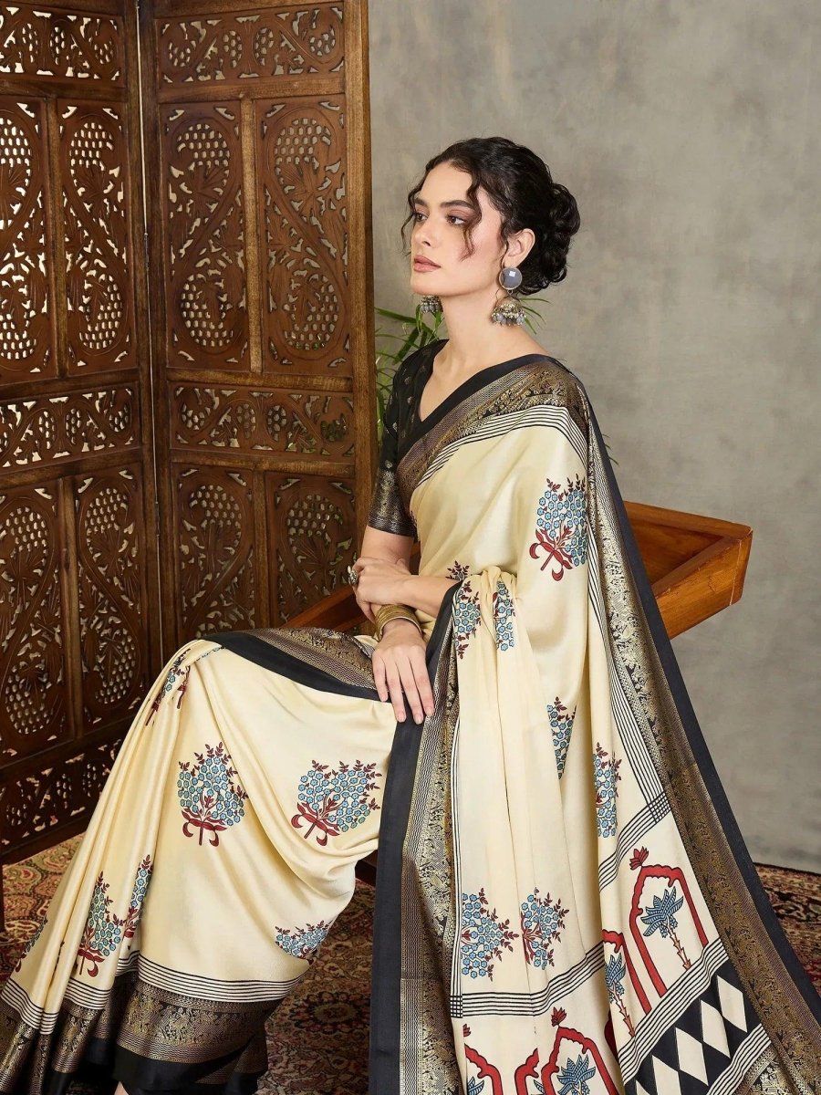 Cream Semi Modal Saree | EZB GF02 LUX 20001 - EZBER