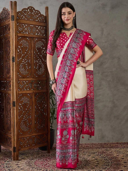 Cream Semi Modal Saree | EZB GF02 LUX 4001 - EZBER