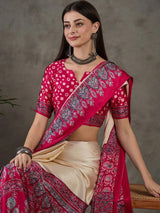 Cream Semi Modal Ajrakh Print Saree | EZB GF02 LUX 4001