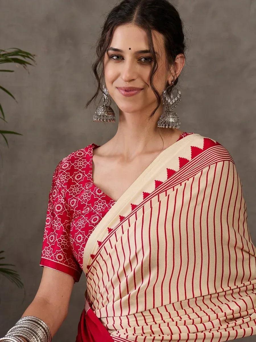 Cream Semi Modal Saree | EZB GF02 LUX 6004 - EZBER