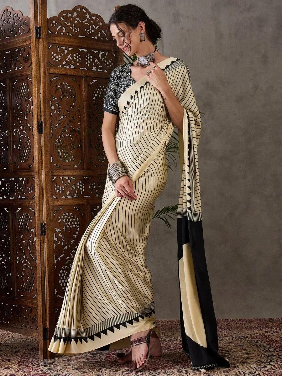 Cream Semi Modal Saree | EZB GF02 LUX 6006 - EZBER