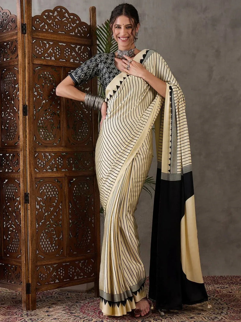 Cream Semi Modal Saree With Blouse Piece - EZBER