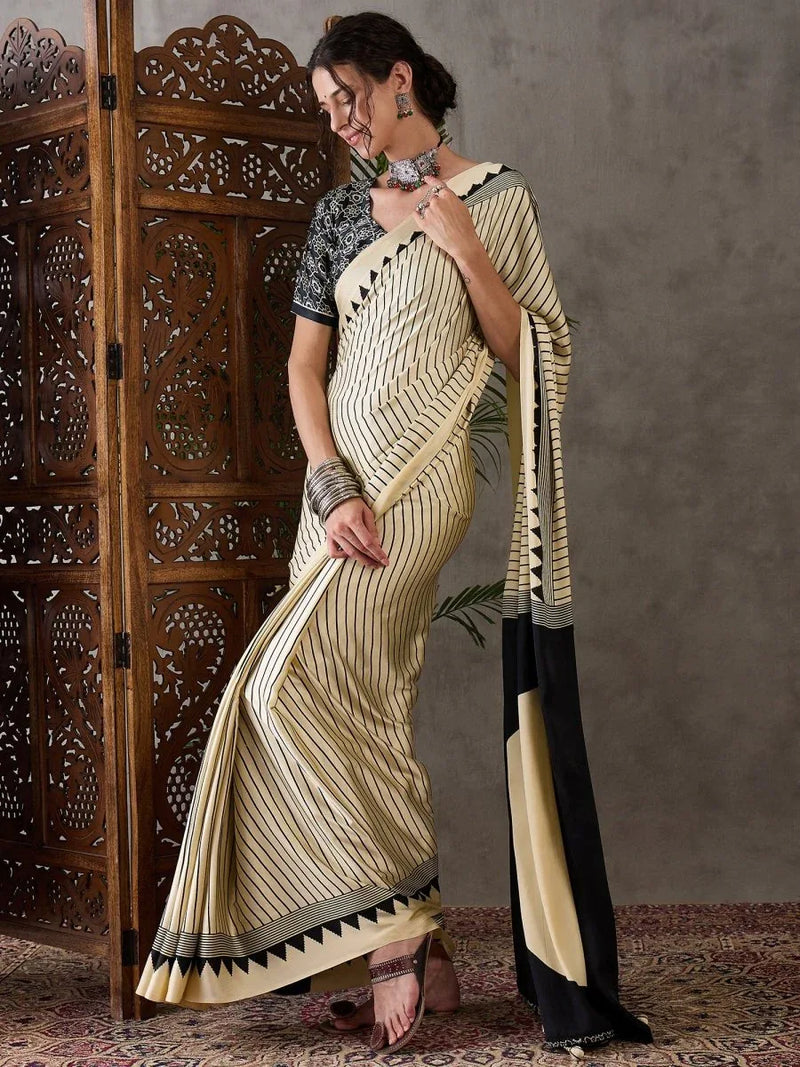 Cream Semi Modal Saree With Blouse Piece - EZBER
