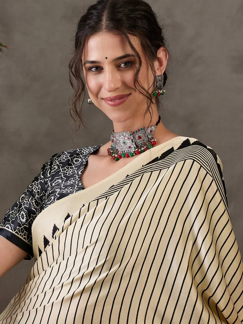 Cream Semi Modal Saree With Blouse Piece - EZBER