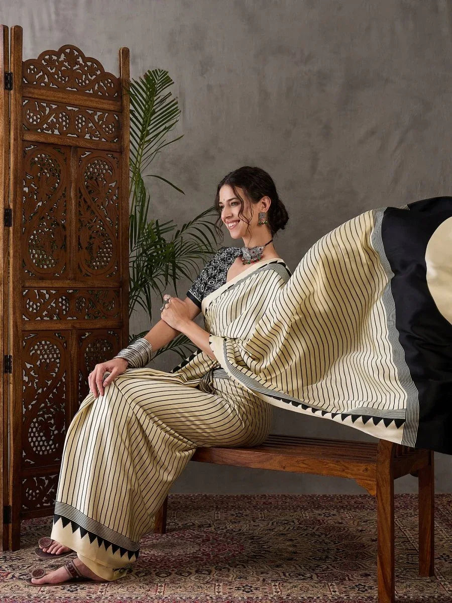 Cream Semi Modal Saree With Blouse Piece - EZBER