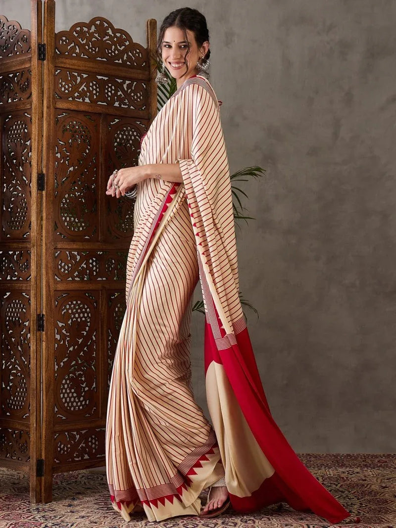 Cream Semi Modal Saree With Blouse Piece - EZBER
