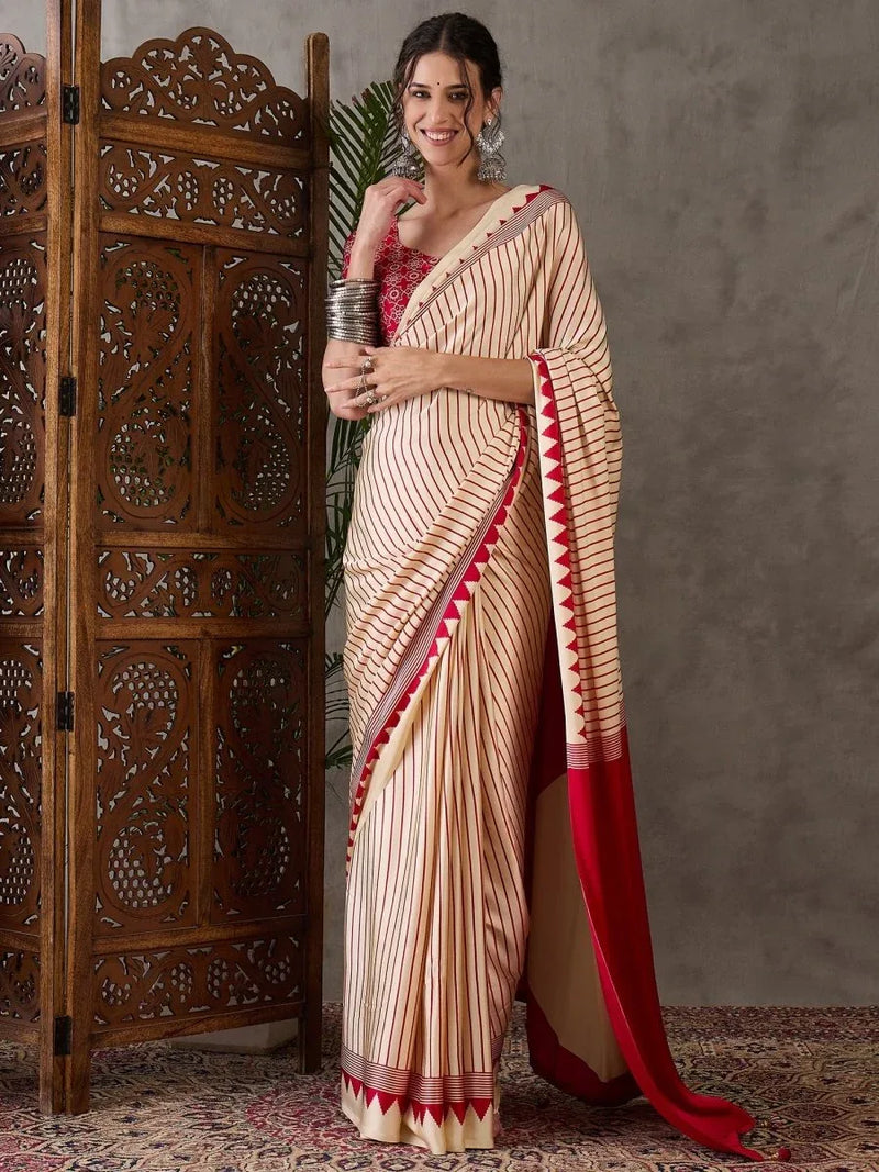 Cream Semi Modal Saree With Blouse Piece - EZBER