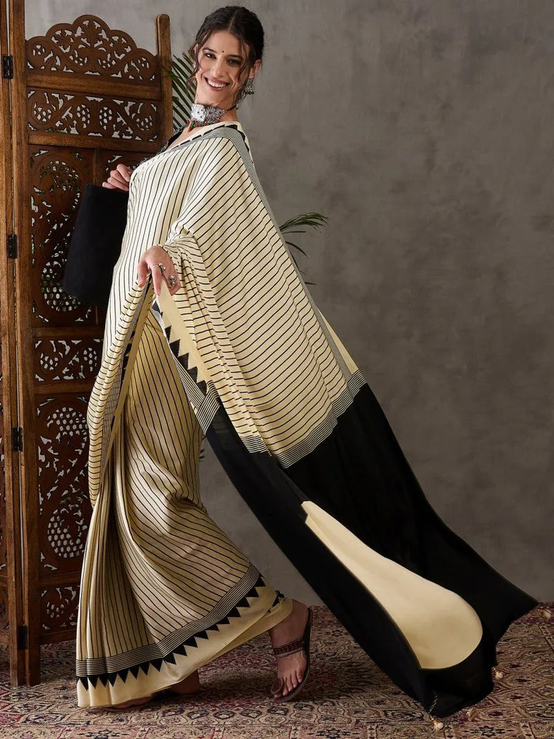 Cream Semi Modal Saree With Blouse Piece - EZBER