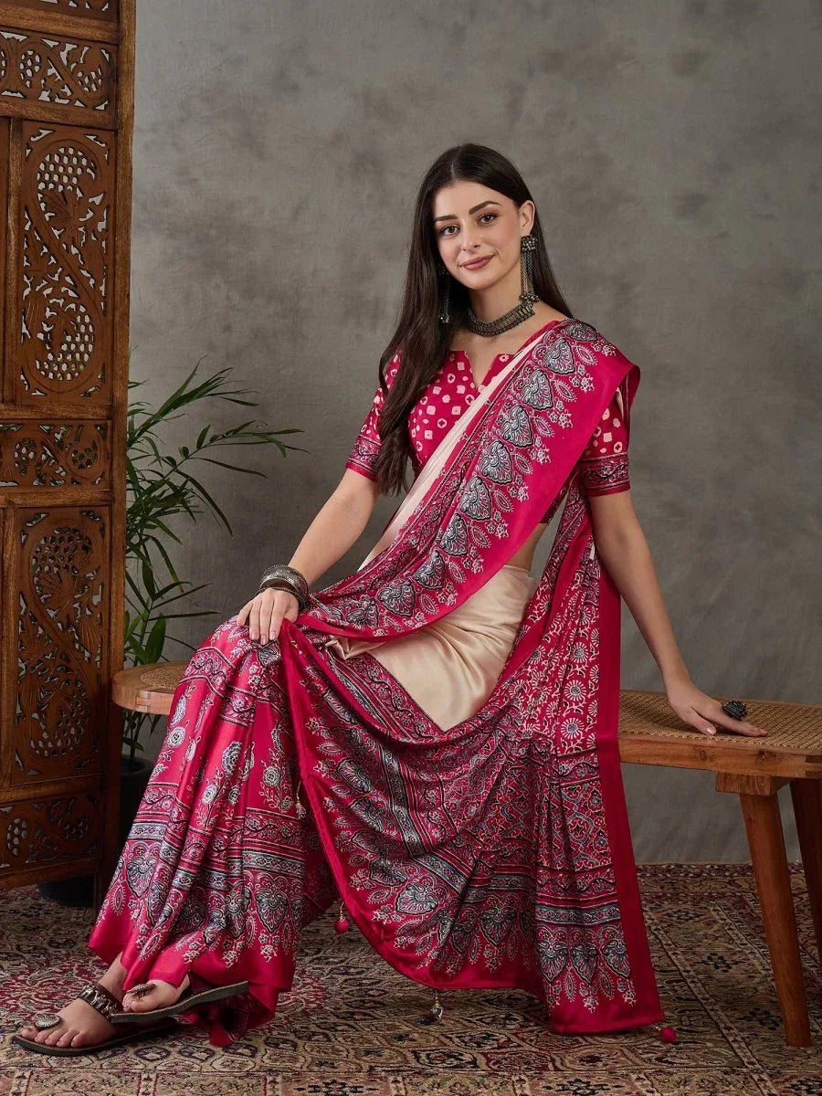 Cream Semi Modal Saree With Blouse Piece - EZBER