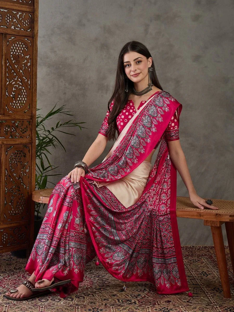 Cream Semi Modal Saree With Blouse Piece - EZBER