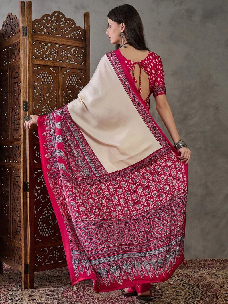 Cream Semi Modal Saree With Blouse Piece - EZBER