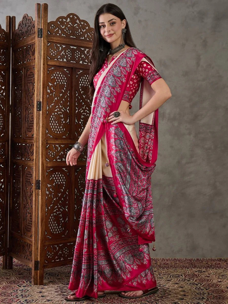 Cream Semi Modal Saree With Blouse Piece - EZBER