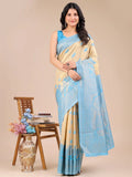 Cream & Sky Blue Banarasi Silk Saree With Blouse Piece - EZBER