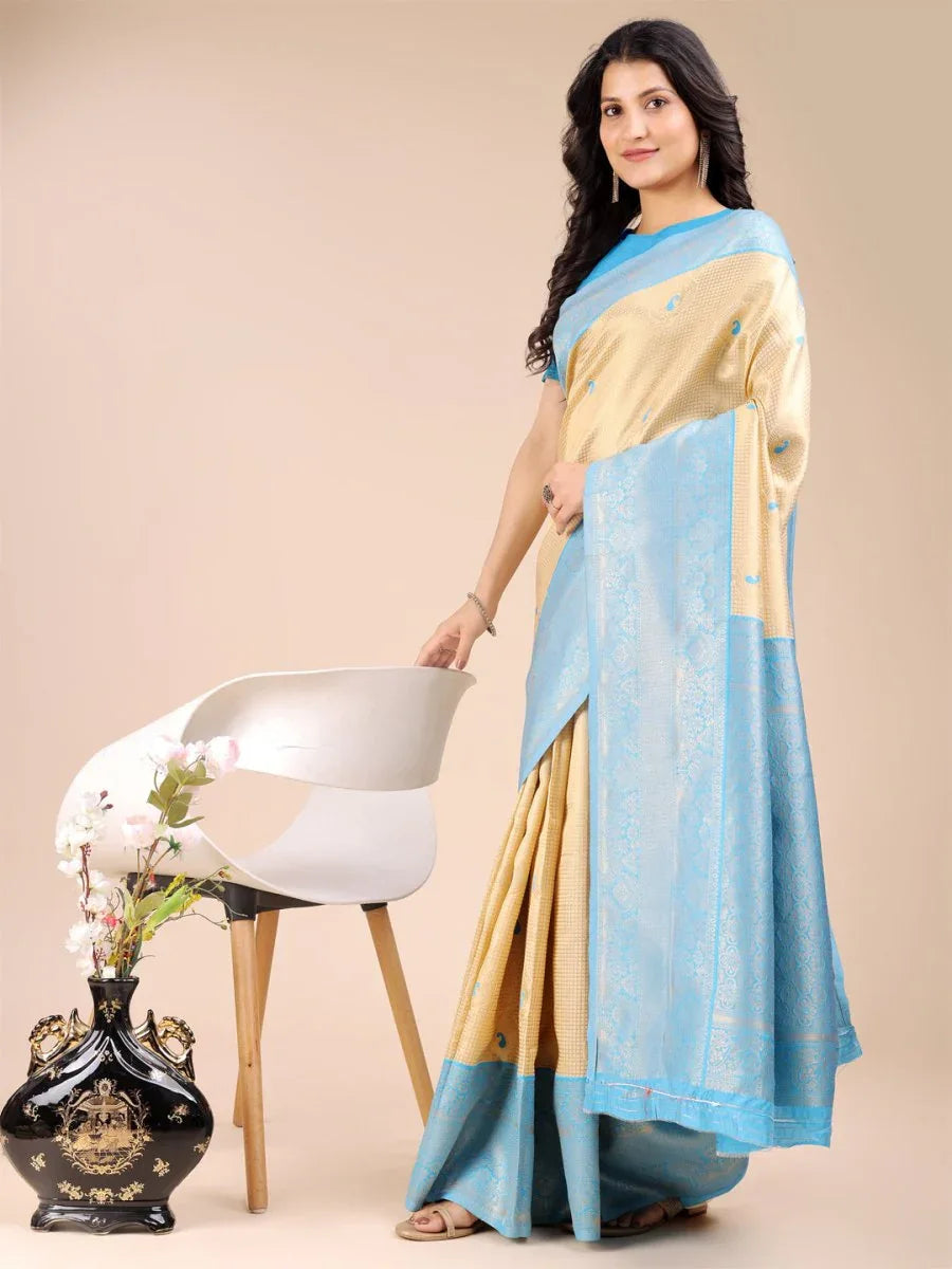 Cream & Sky Blue Banarasi Silk Saree With Blouse Piece - EZBER