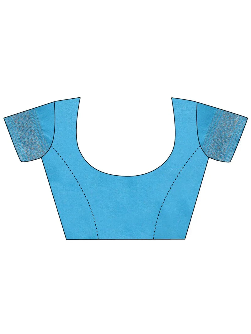 Cream & Sky Blue Banarasi Silk Saree With Blouse Piece - EZBER