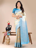 Cream & Sky Blue Banarasi Silk Saree With Blouse Piece - EZBER