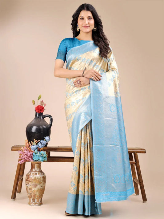 Cream & Sky Blue Banarasi Silk Saree With Blouse Piece - EZBER