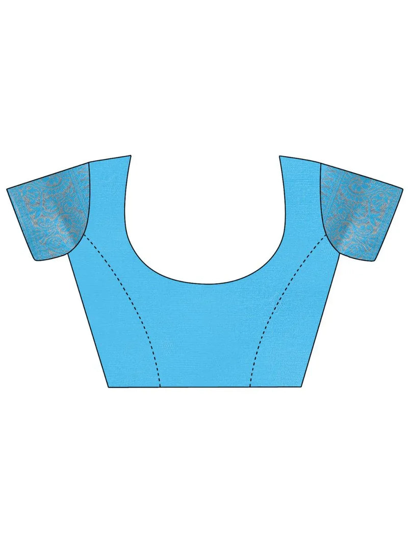 Cream & Sky Blue Banarasi Silk Saree With Blouse Piece - EZBER