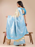 Cream & Sky Blue Banarasi Silk Saree With Blouse Piece - EZBER