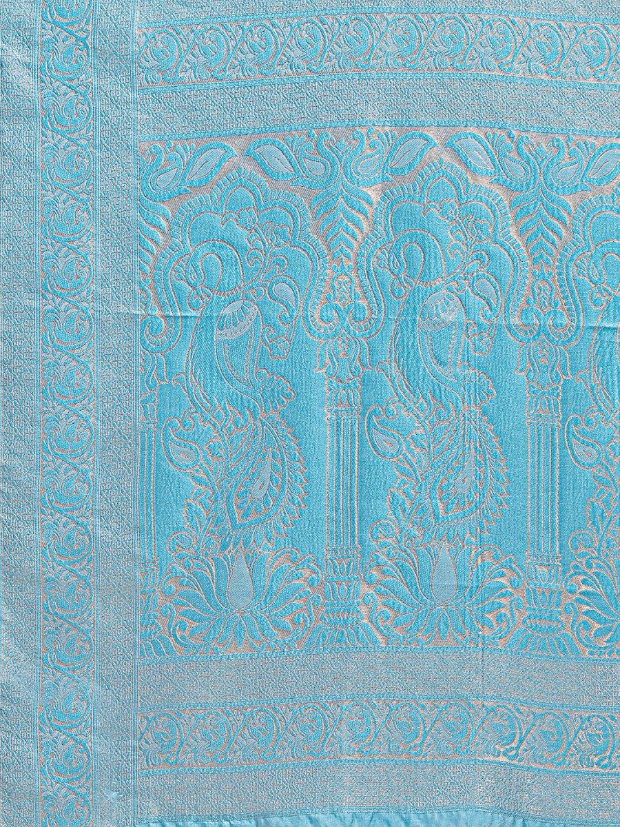 Cream & Sky Blue Banarasi Silk Saree With Blouse Piece - EZBER