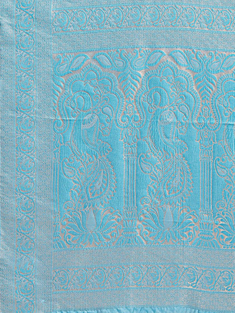 Cream & Sky Blue Banarasi Silk Saree With Blouse Piece - EZBER