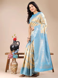 Cream & Sky Blue Banarasi Silk Saree With Blouse Piece - EZBER