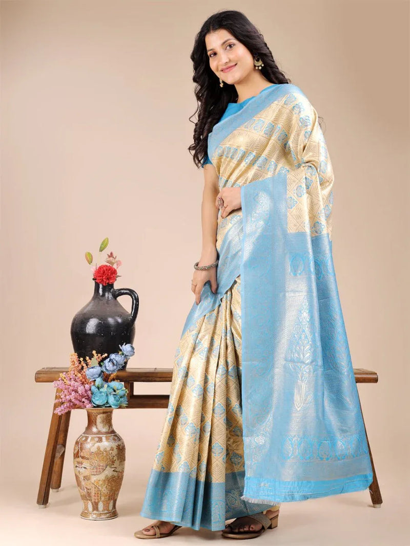 Cream & Sky Blue Banarasi Silk Saree With Blouse Piece - EZBER