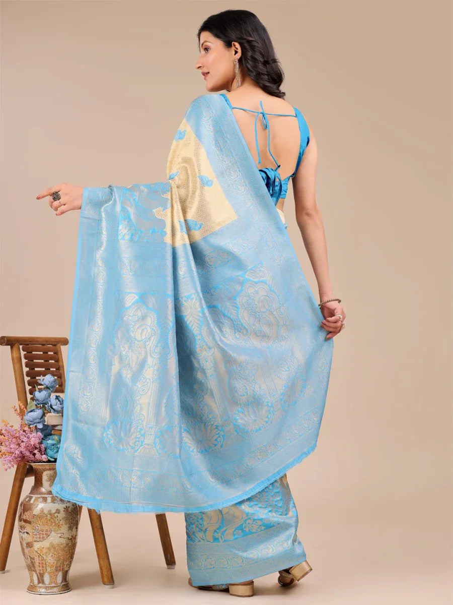 Cream & Sky Blue Banarasi Silk Saree With Blouse Piece - EZBER