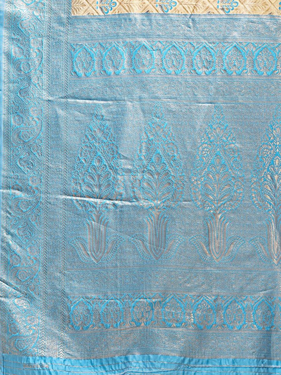 Cream & Sky Blue Banarasi Silk Saree With Blouse Piece - EZBER