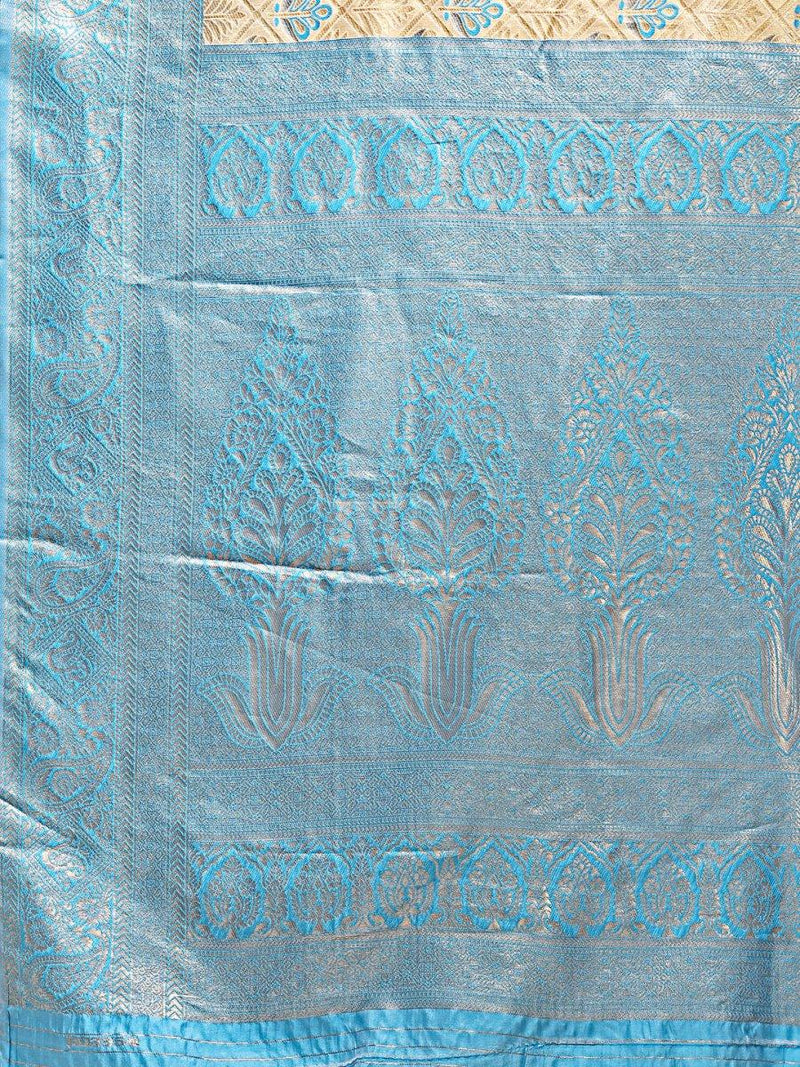 Cream & Sky Blue Banarasi Silk Saree With Blouse Piece - EZBER