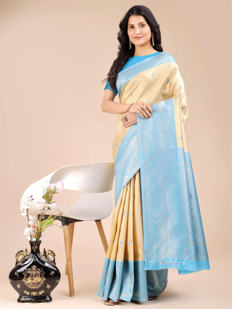 Cream & Sky Blue Banarasi Silk Saree With Blouse Piece - EZBER