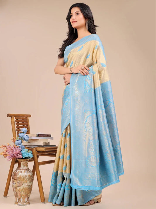 Cream & Sky Blue Banarasi Silk Saree With Blouse Piece - EZBER