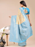 Cream & Sky Blue Banarasi Silk Saree With Blouse Piece - EZBER