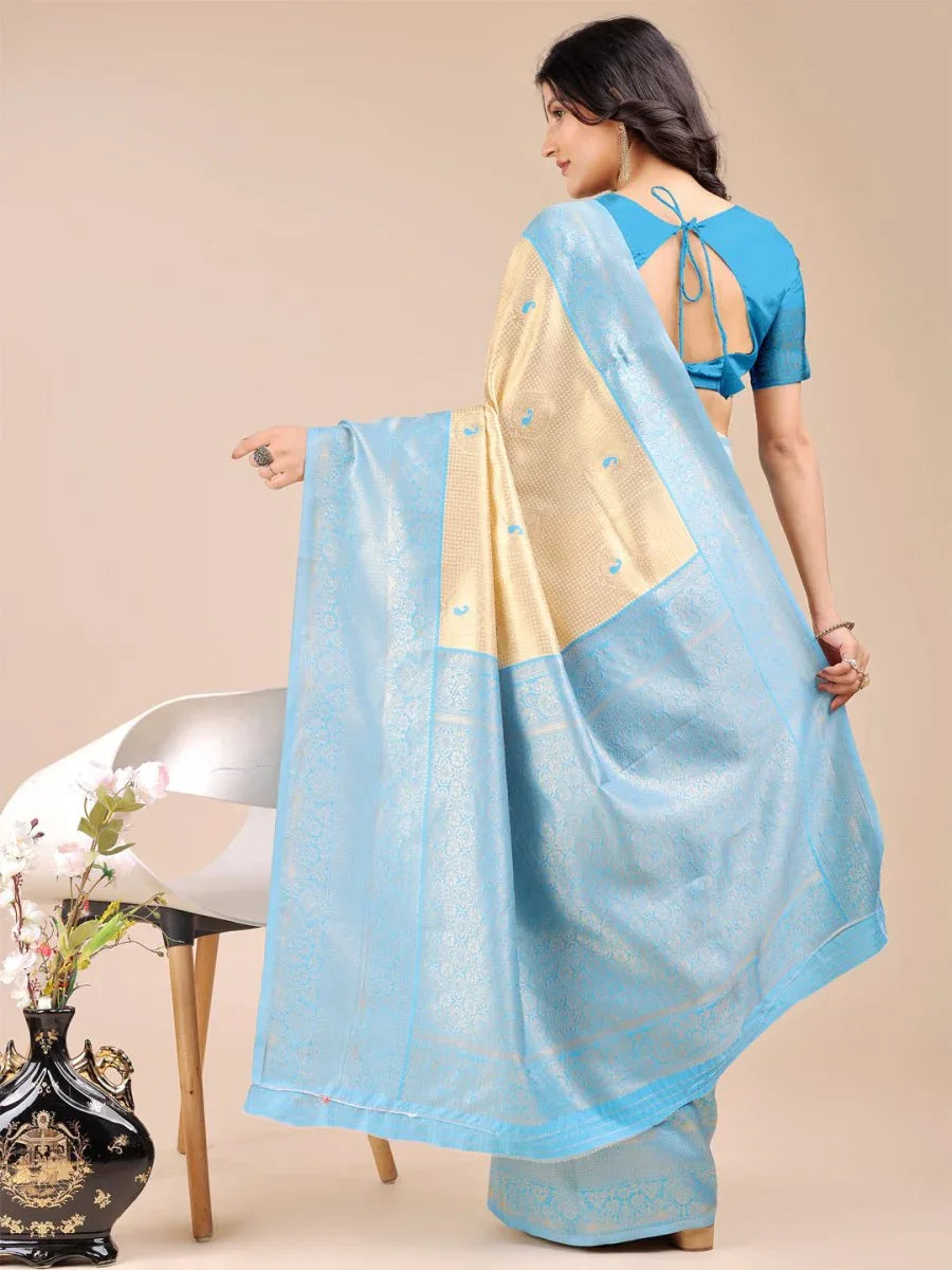 Cream & Sky Blue Banarasi Silk Saree With Blouse Piece - EZBER