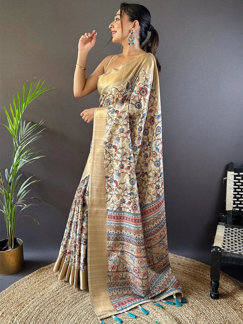 Cream Tussar Silk Saree With Blouse Piece - EZBER