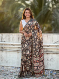Cream With Black Tussar Silk Saree With Blouse Piece - EZBER
