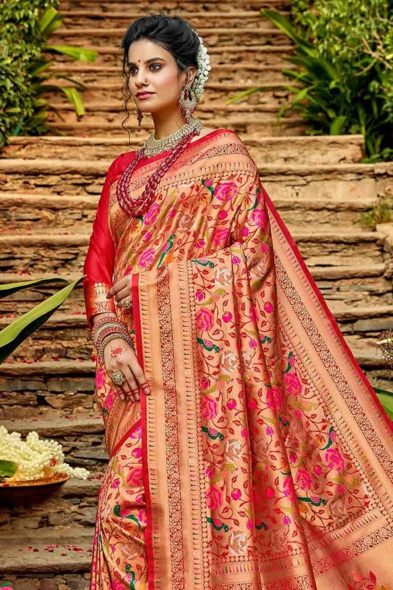 Crimson Red Golden Paithani Saree - EZBER