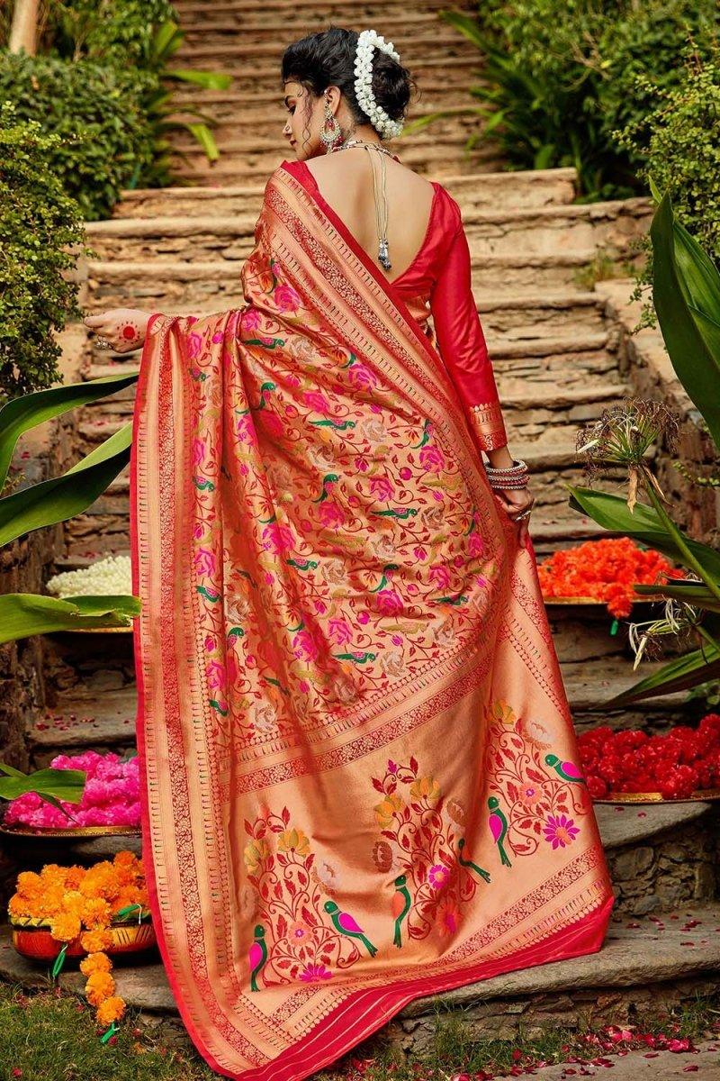 Crimson Red Golden Paithani Saree - EZBER
