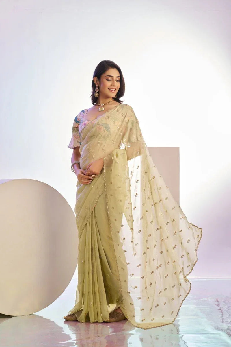Crunchi Embroidered Work Saree With Printed Blouse Piece - EZBER
