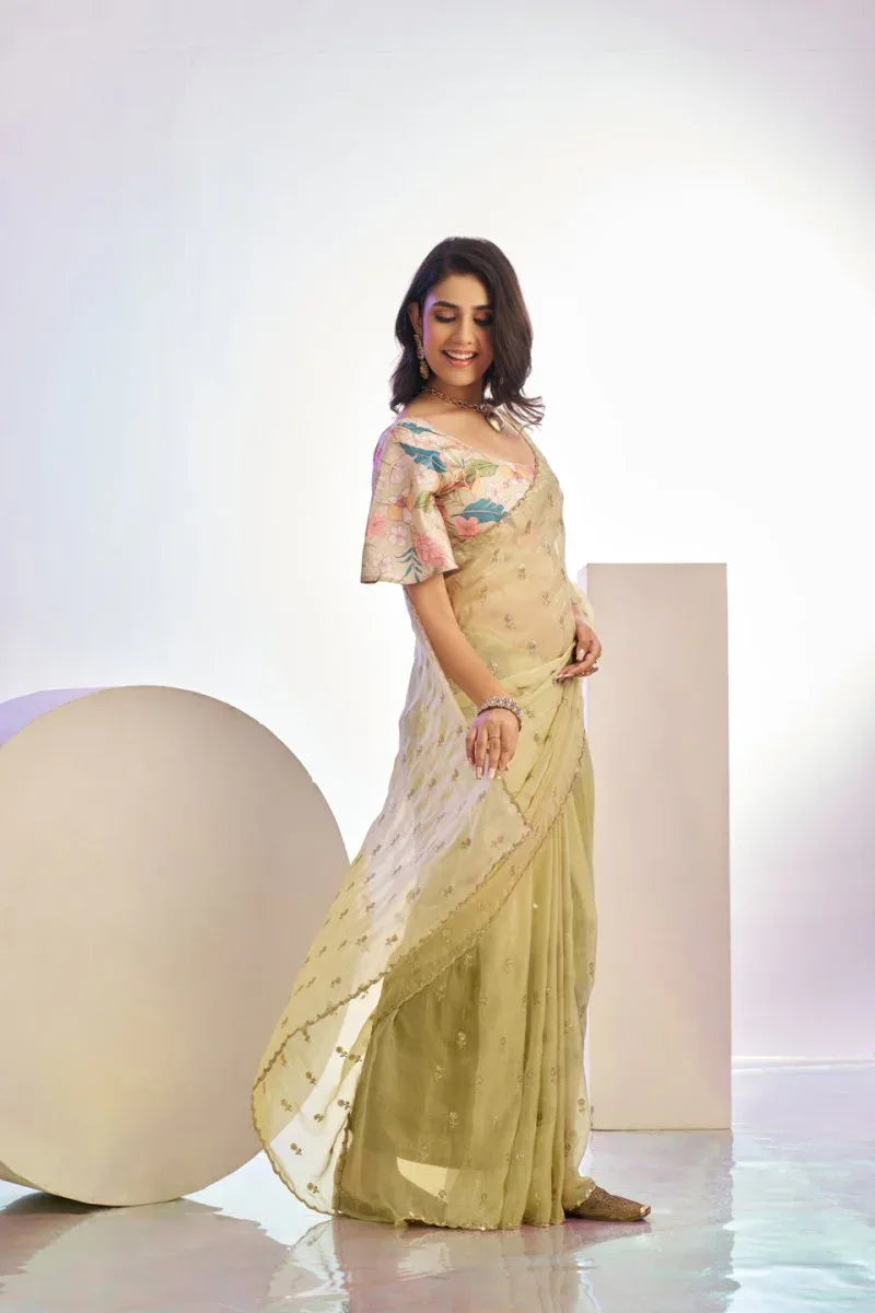 Crunchi Embroidered Work Saree With Printed Blouse Piece - EZBER