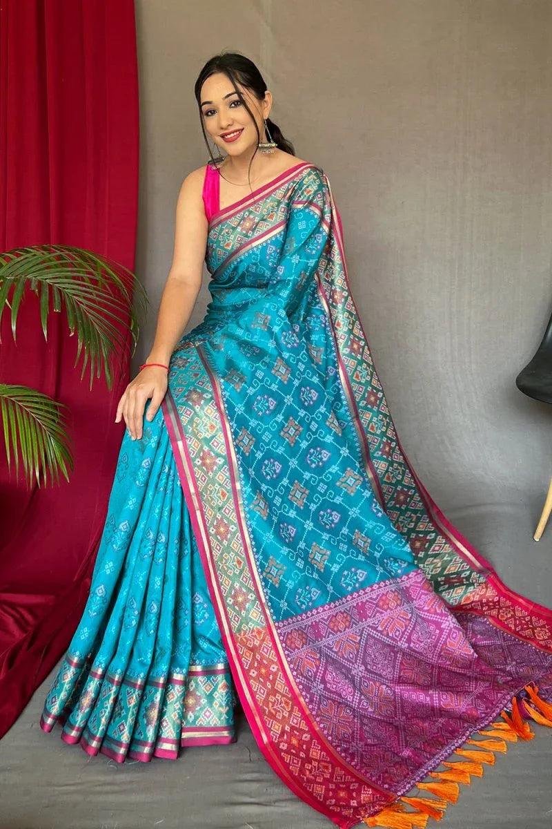 Cyaan Blue Patola Saree - EZBER