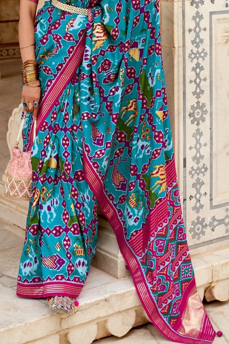 Cyan Blue Patola Saree - EZBER