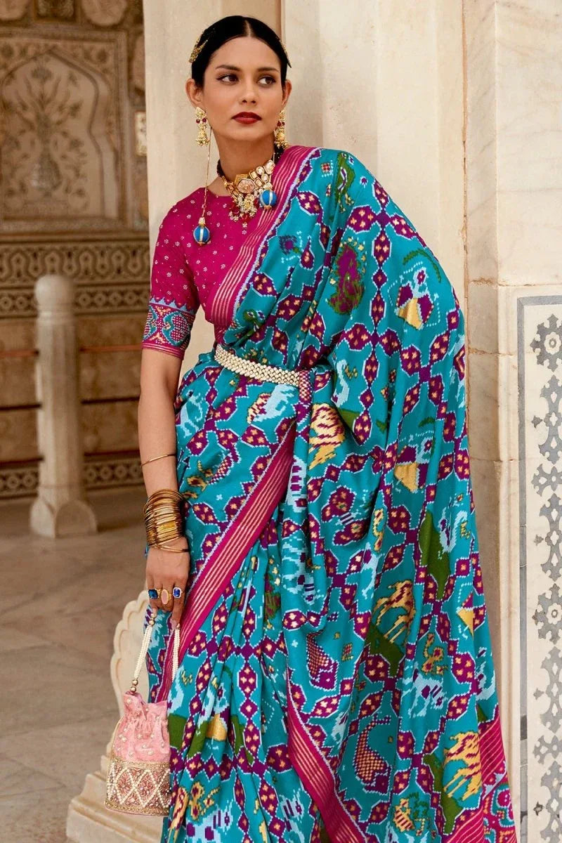 Cyan Blue Patola Saree - EZBER