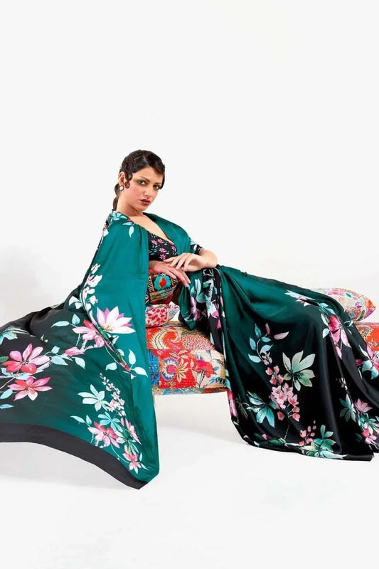 Cyan Satin Crep Saree - EZBER