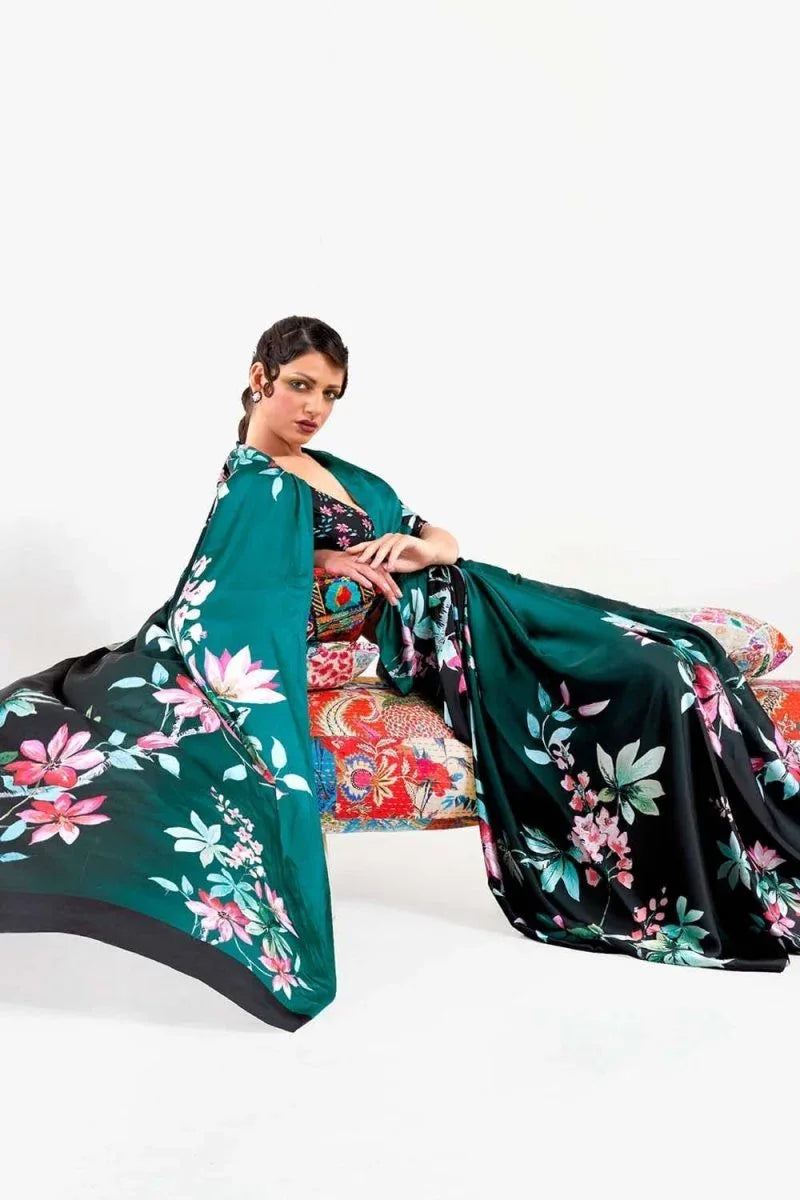 Cyan Satin Crep Saree - EZBER