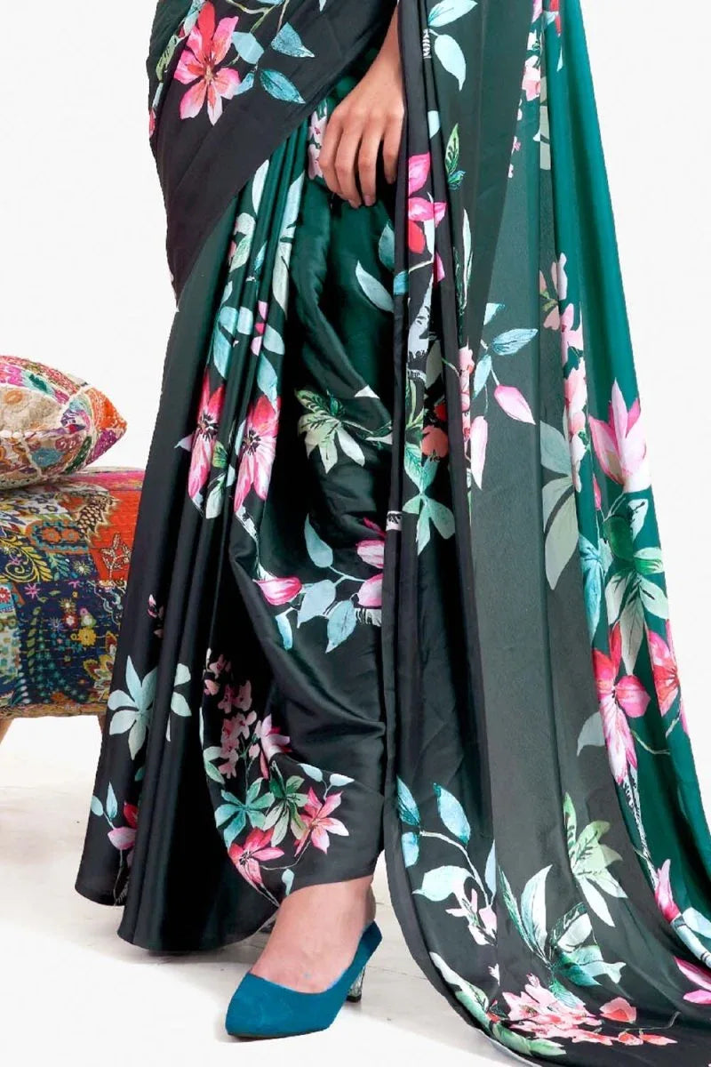 Cyan Satin Crep Saree - EZBER