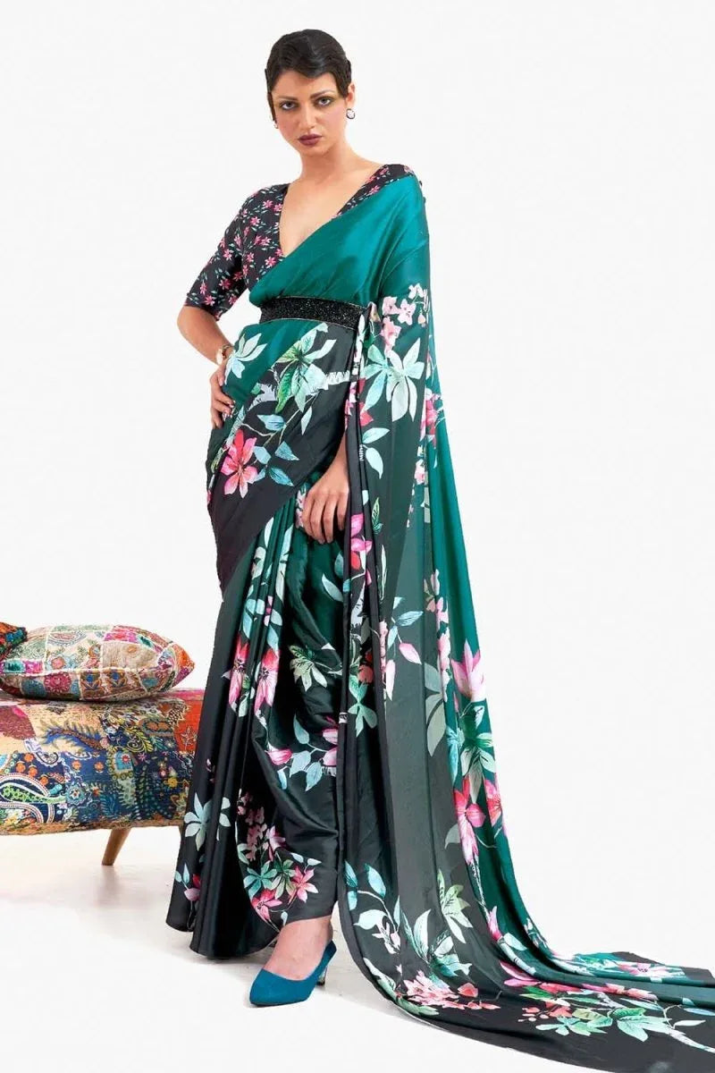 Cyan Satin Crep Saree - EZBER