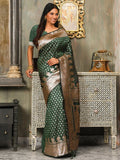 Dark Green Banarasi Silk Saree With Blouse Piece - EZBER