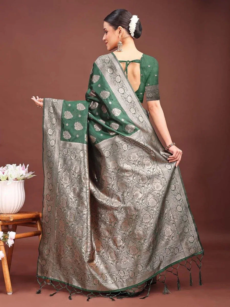 Dark Green Banarasi Silk Saree With Blouse Piece - EZBER